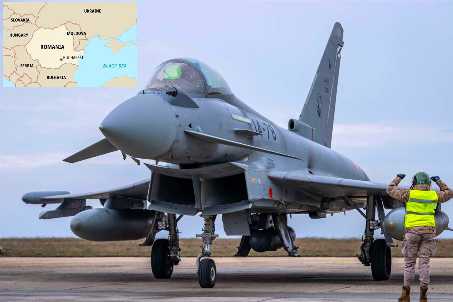 Румыния требует миссию НАТО в Чёрном море Истребитель Eurofighter Typhoon на румынском аэродроме с картой Черноморского региона