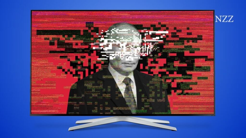 Запад ищет ответ на пропаганду Кремля: от ботов до саботажа Путин на экране телевизора с цифровыми помехами — символ пропаганды и дезинформации