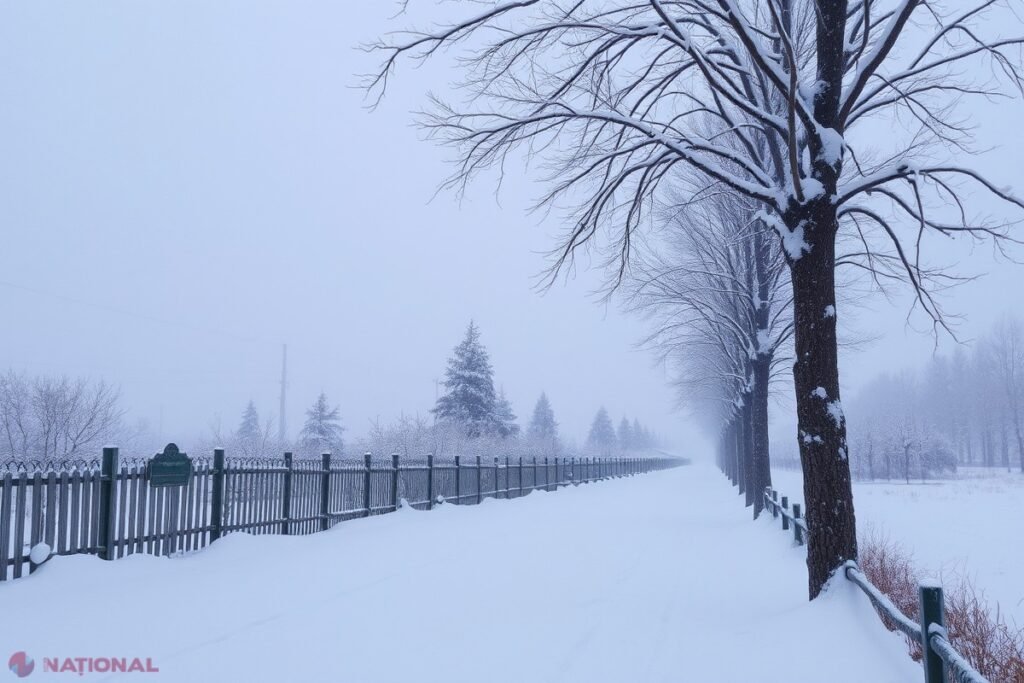Заснеженная дорога и деревья в тумане зимой
