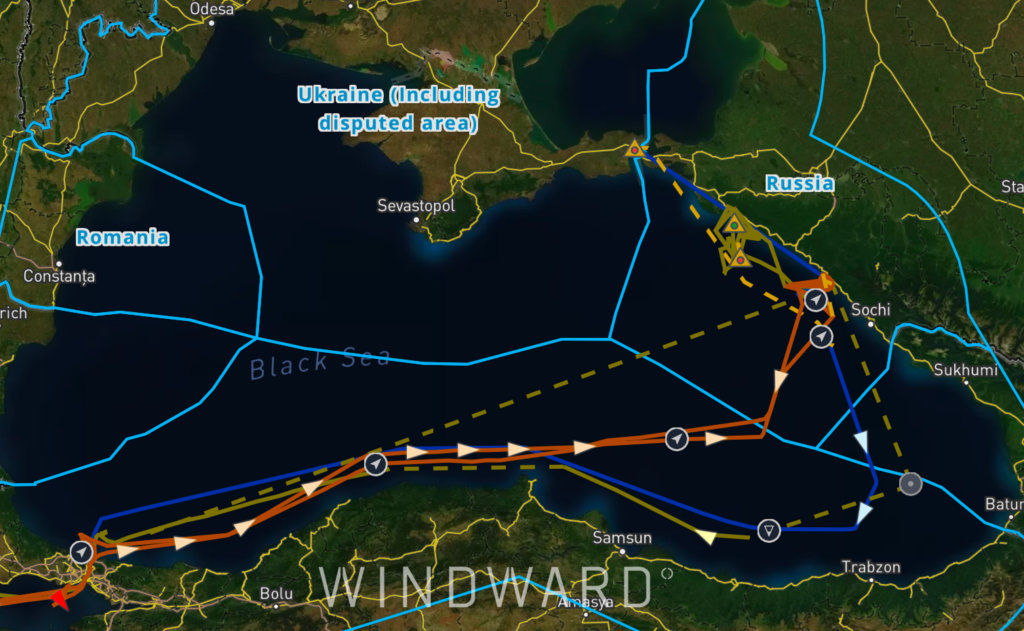 Карта AIS-трекинга Windward с маршрутами танкеров в Чёрном море вдоль побережья Турции