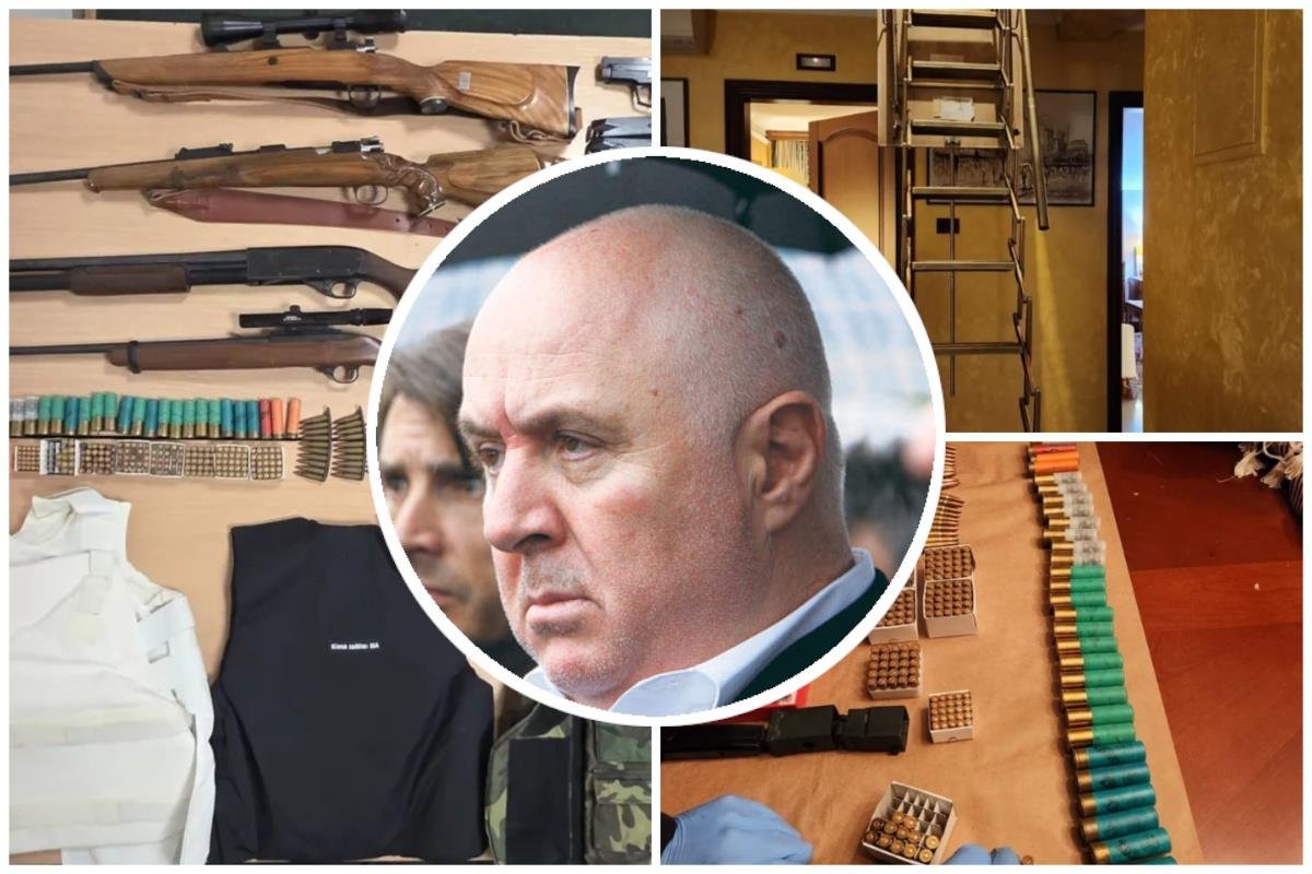 Коллаж с изъятым оружием, боеприпасами, бронежилетами и портретом Ацо Джукановича с интерьером обысканного помещения