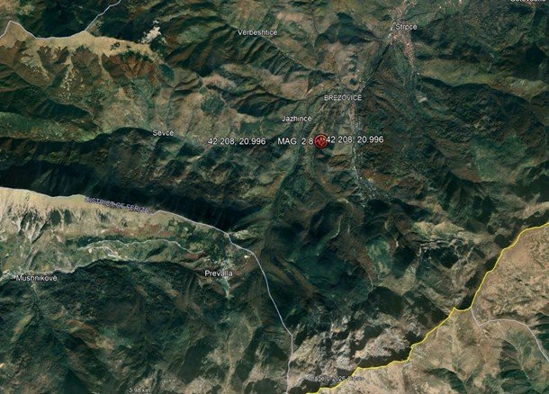 Спутниковая карта с обозначением эпицентра землетрясения вблизи Брезовице, Косово