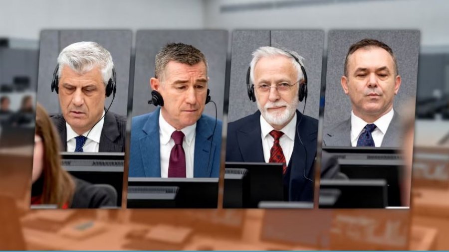 Composite photo of the four defendants — Thaci, Veseli, Krasniqi, and Selimi — wearing headphones in the courtroom