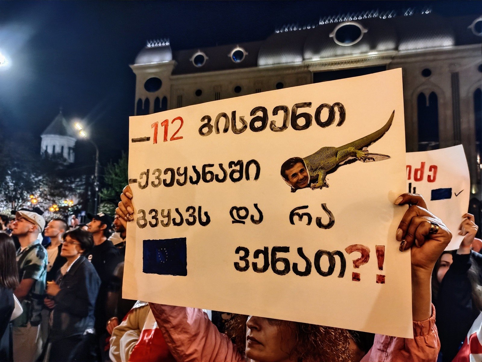 Протестующий держит плакат с грузинским текстом и флагом ЕС на ночном митинге в Тбилиси