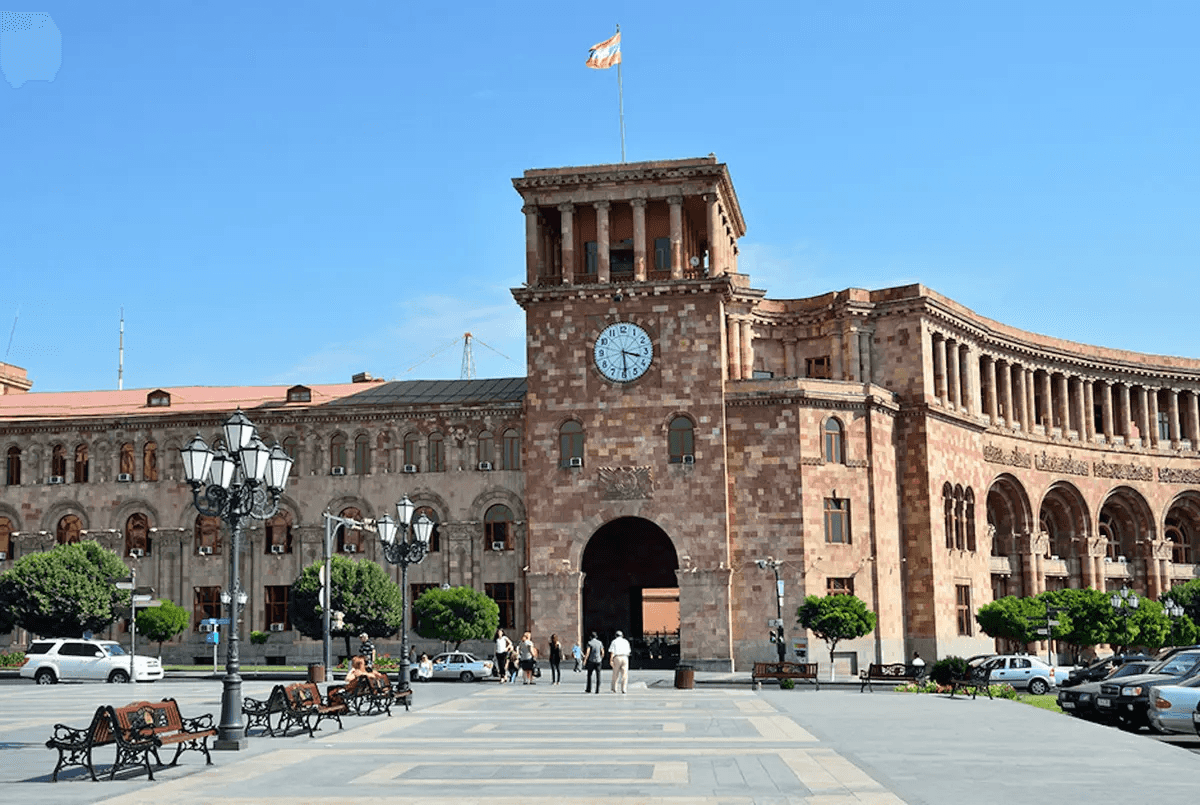 Republic Square in Yerevan with government building and Armenian flag - iconic Armenian government location