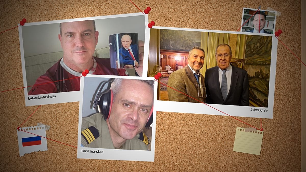 Коллаж с фотографиями западных граждан, попавших под санкции ЕС за распространение российской пропаганды