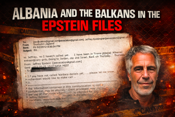 Редакционная графика с заголовком «Албания и Балканы в файлах Эпштейна» с портретом Эпштейна на фоне утечённой переписки