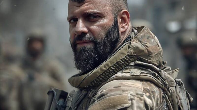 Грузинский доброволец в военном снаряжении, портрет в горизонтальном кадре