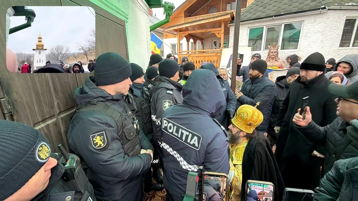 Дневное противостояние: молдавская полиция с надписью POLITIA напротив священнослужителей в золотых одеждах и мирян у ворот церкви, со вставкой фото экстерьера церкви