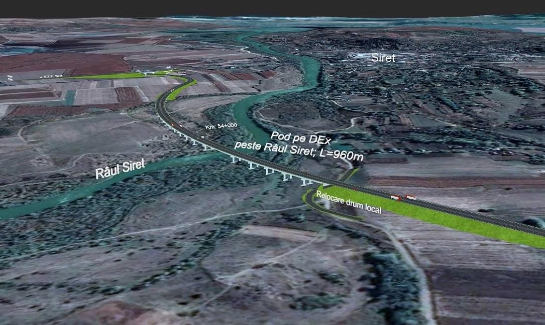 3D visualization of Suceava-Siret expressway showing bridge over Râul Siret river towards Ukraine border