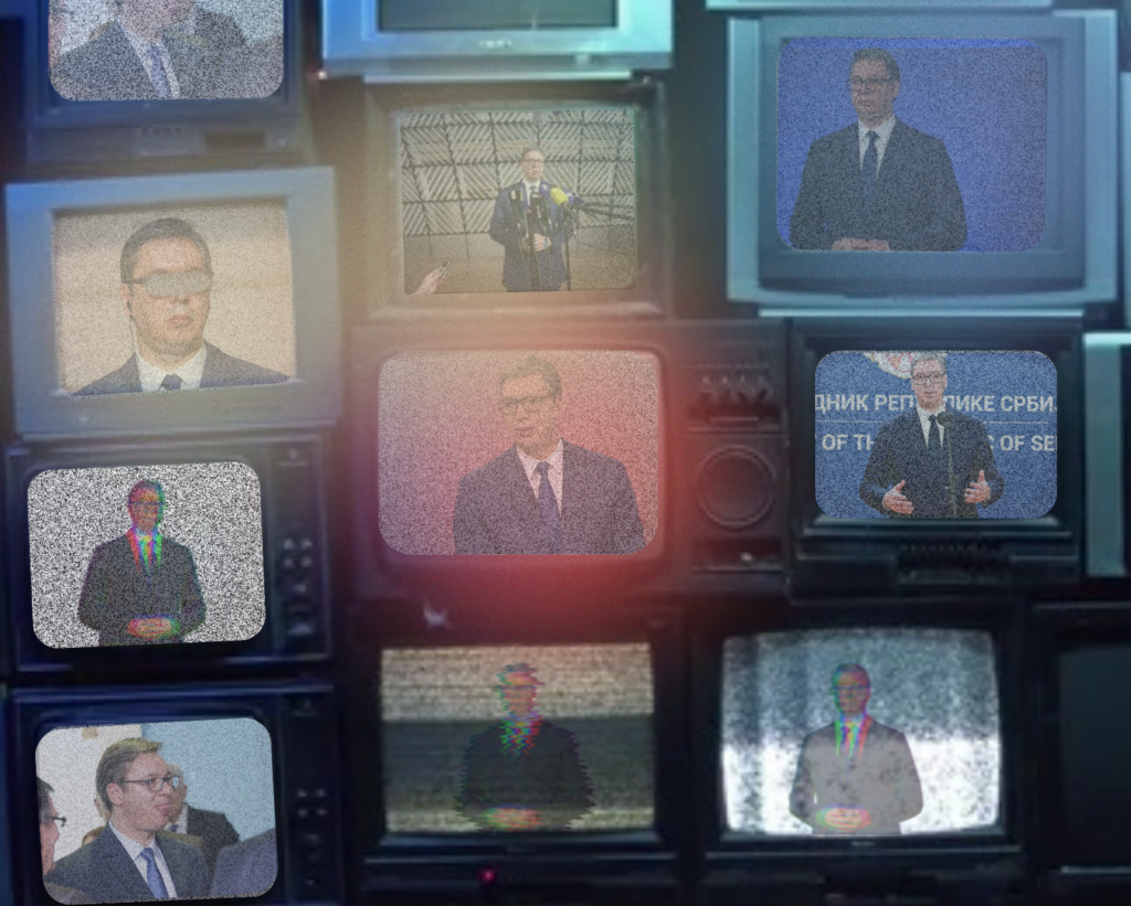 Множество телеэкранов с изображением Вучича — символ контроля над СМИ
