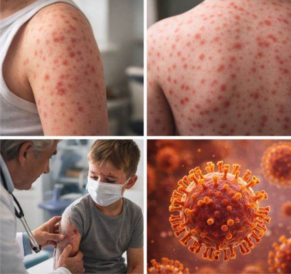 Collage showing measles symptoms on skin, doctor examining patient, and virus illustration