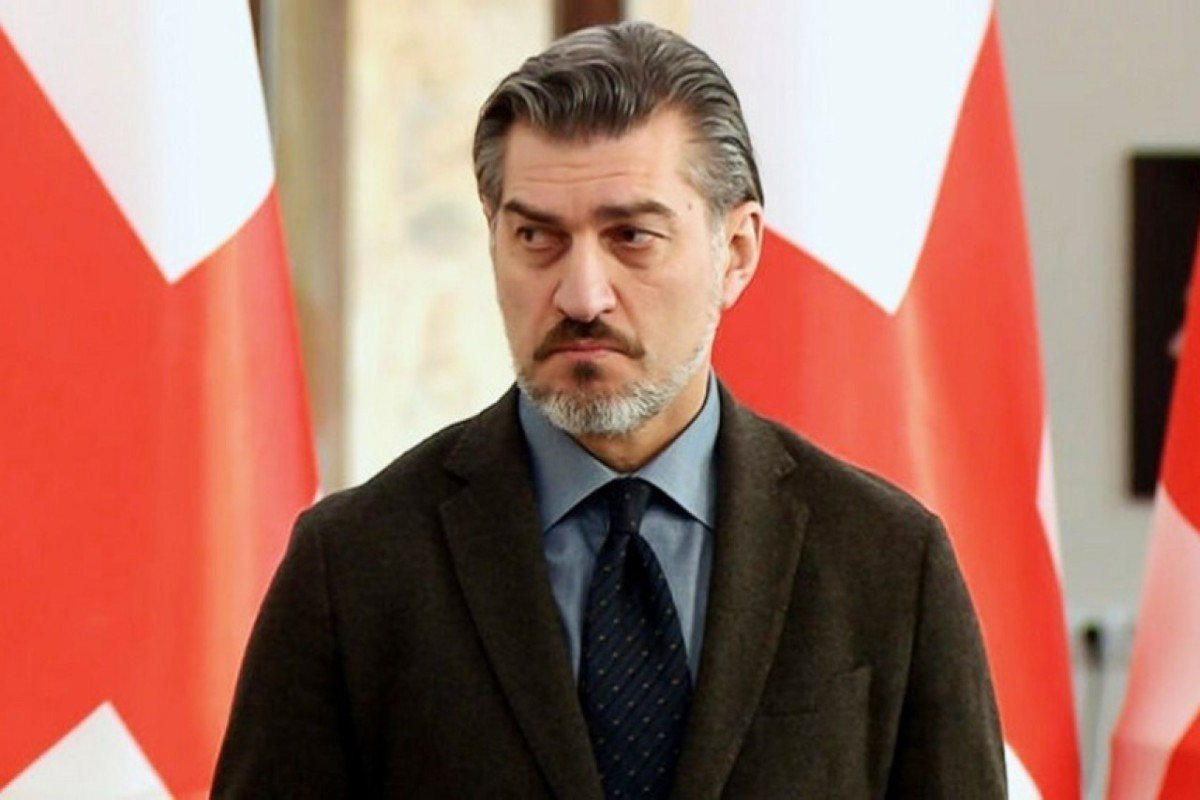 Портрет официального лица на фоне грузинских флагов