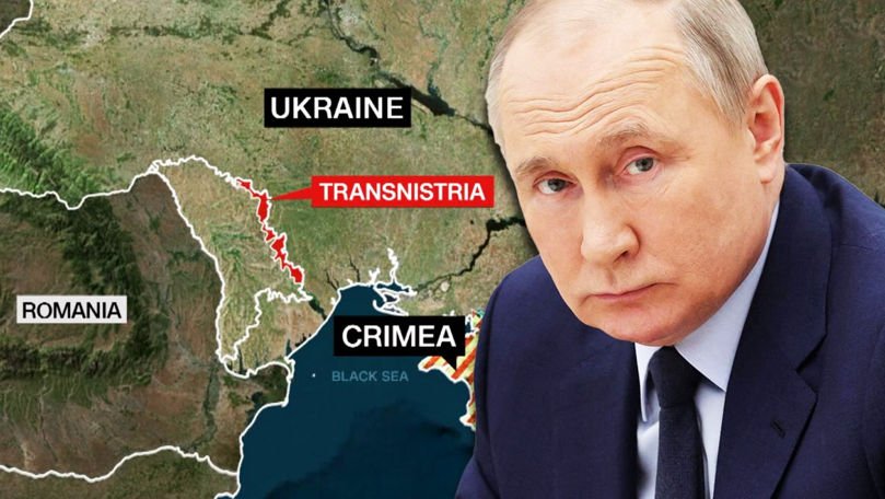 Putin with a map showing Ukraine, Transnistria, Romania, and Crimea