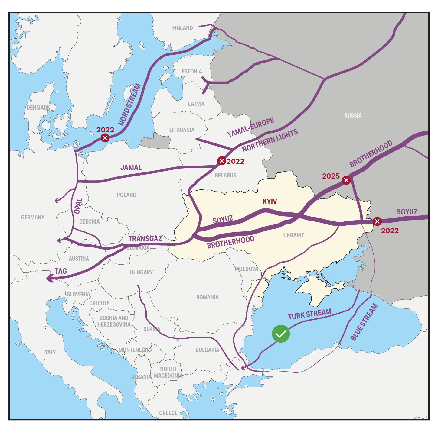 Карта газопроводов из России в Европу
