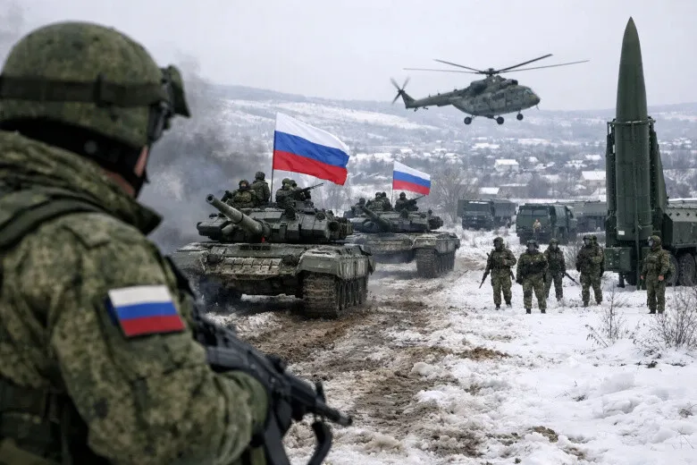 Russian military scene with soldiers, tanks, helicopter, missile launcher and Russian flags in winter