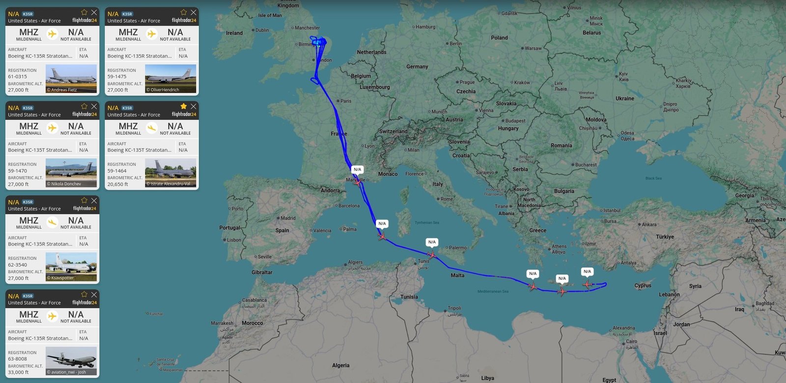 Flightradar24 map showing multiple US Air Force KC-135 tanker aircraft flight paths from UK bases toward Mediterranean and Middle East