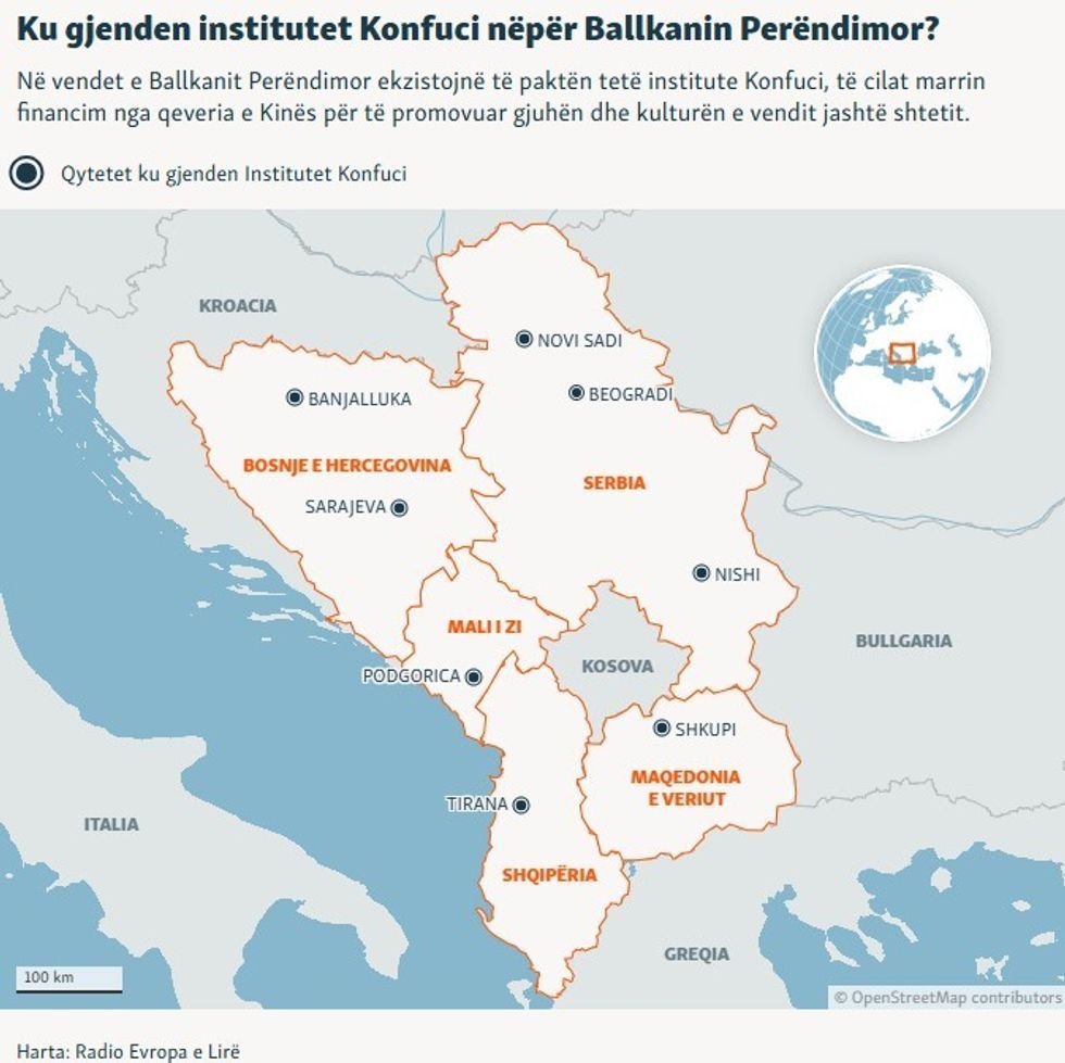 Map showing locations of Confucius Institutes across the Western Balkans (Albania, Kosovo, N. Macedonia, Serbia, Bosnia, Montenegro)