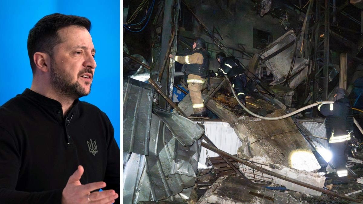 Коллаж: Президент Зеленский и спасатели на разрушенной энергетической инфраструктуре