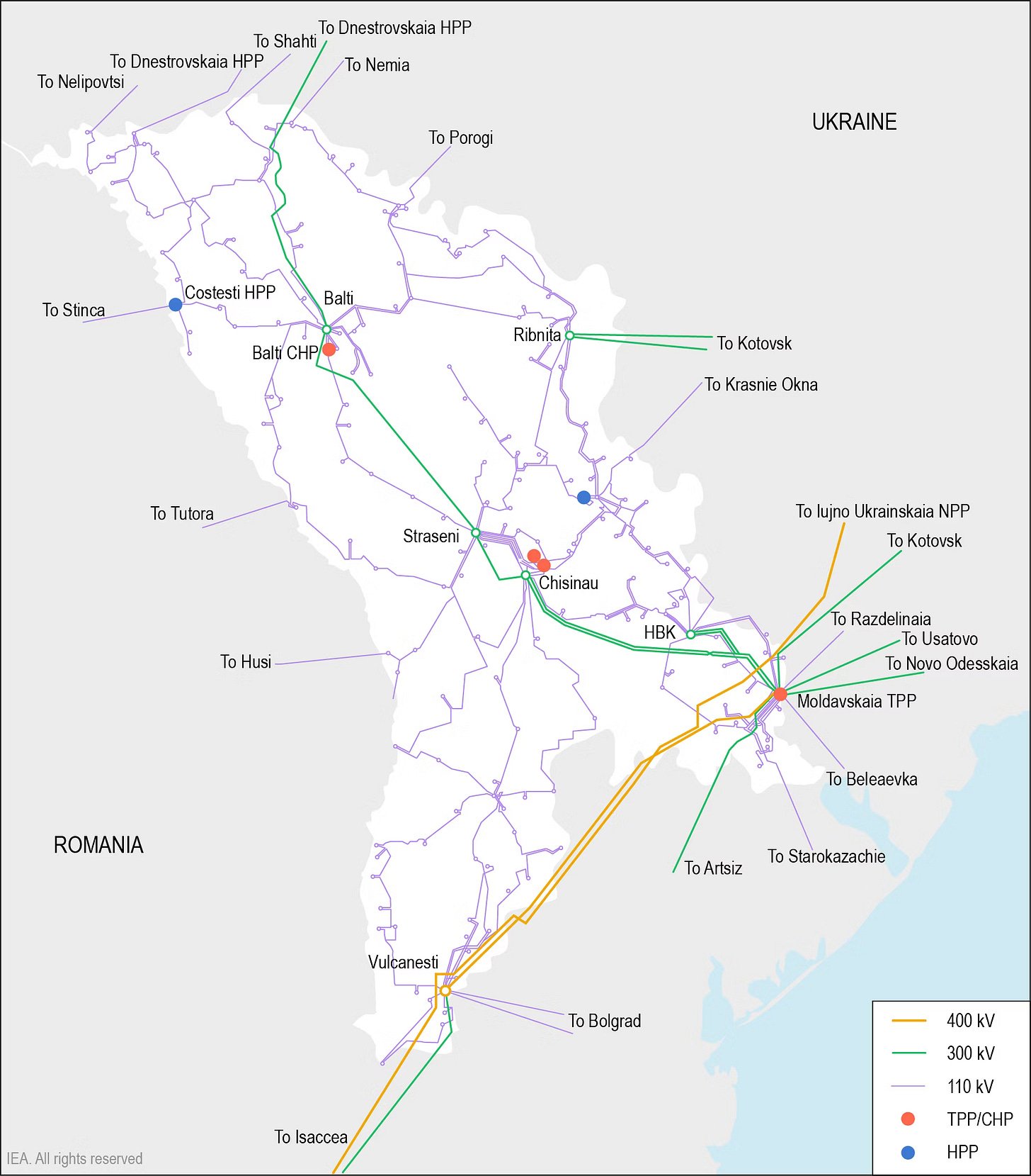 Карта электросетей Молдовы с линиями 400, 300 и 110 кВ, электростанциями и трансграничными соединениями (МЭА)