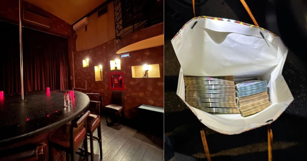 В Бухаресте раскрыта сеть торговли людьми в ночном клубе Коллаж: интерьер клуба с шестом для танцев слева, сумка с пачками наличных справа
