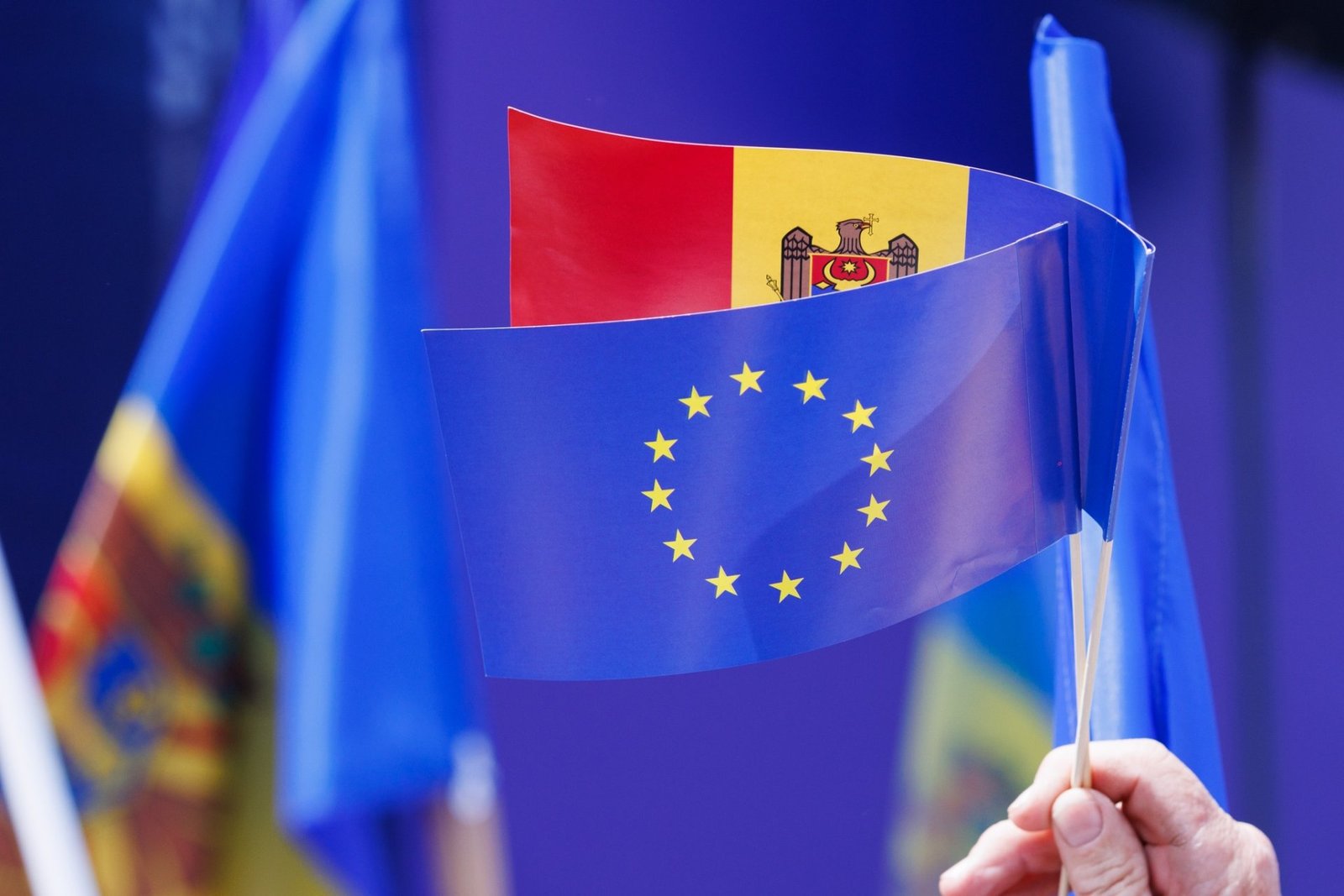 Moldova and EU flags together symbolizing European integration