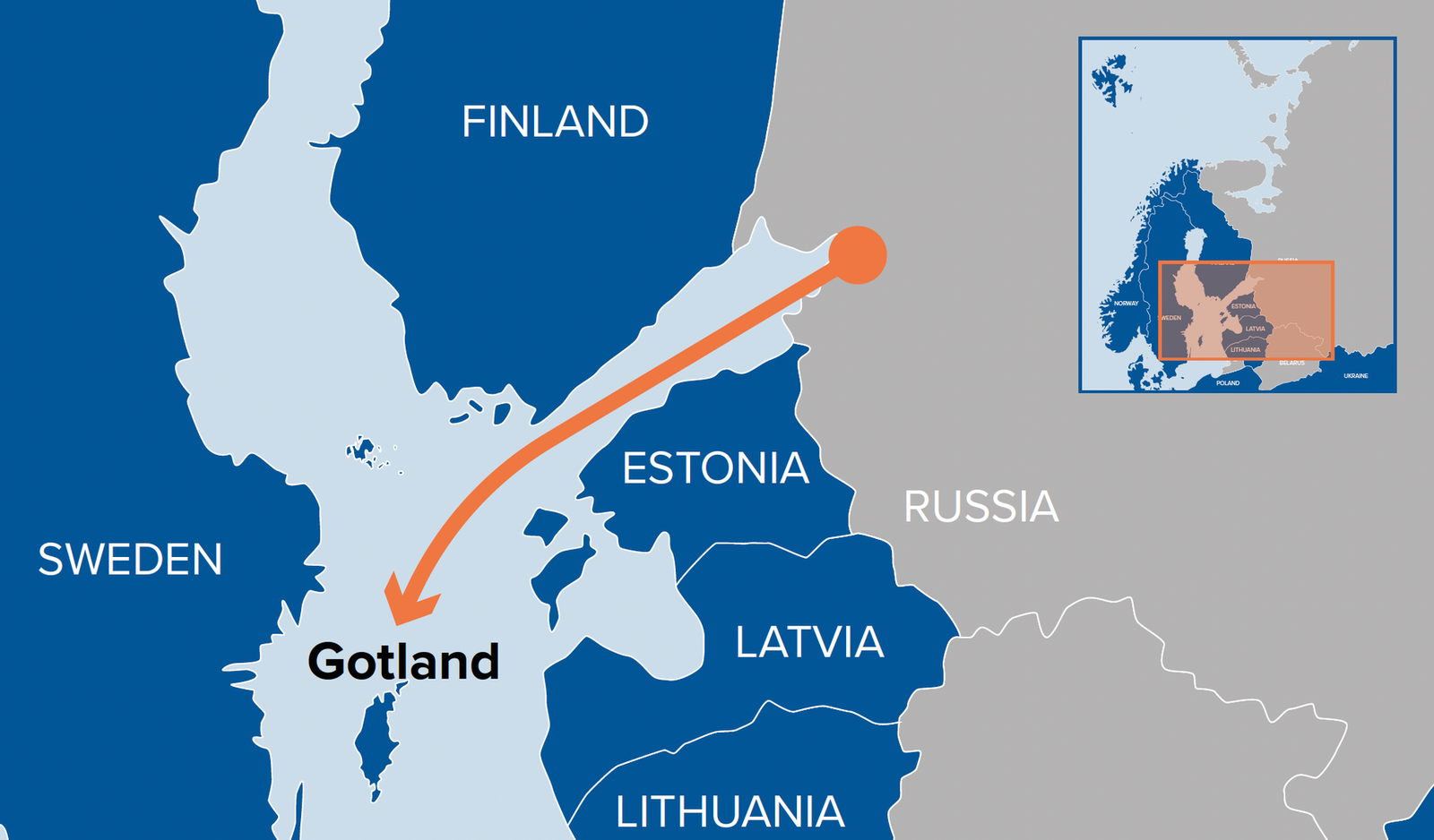 Карта сценария атаки на Готланд со стрелкой, указывающей на потенциальное движение России к шведскому острову