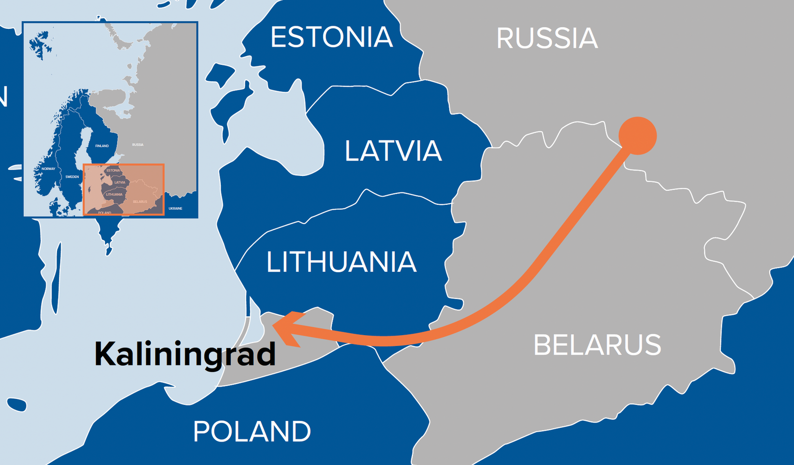 Карта сценария Калининградского коридора с потенциальным сухопутным мостом через Литву для соединения с Беларусью