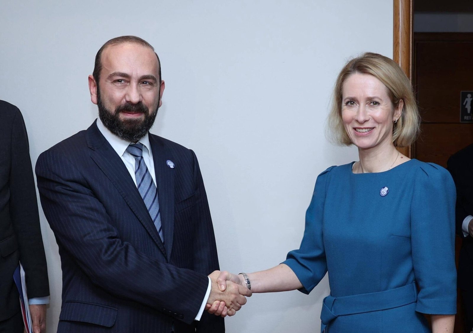 Armenian FM Ararat Mirzoyan shaking hands with EU High Representative Kaja Kallas