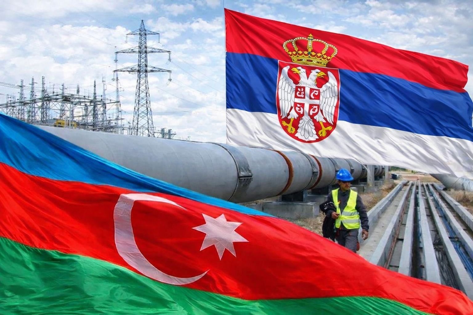 Флаги Азербайджана и Сербии на фоне газопровода и рабочего