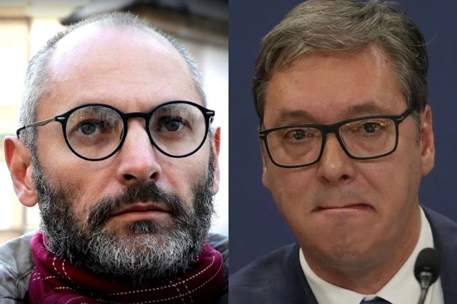 Side-by-side portraits of journalist Domagoj Margetić and Serbian President Aleksandar Vučić - key figures in the 'Sarajevo Safari' investigation