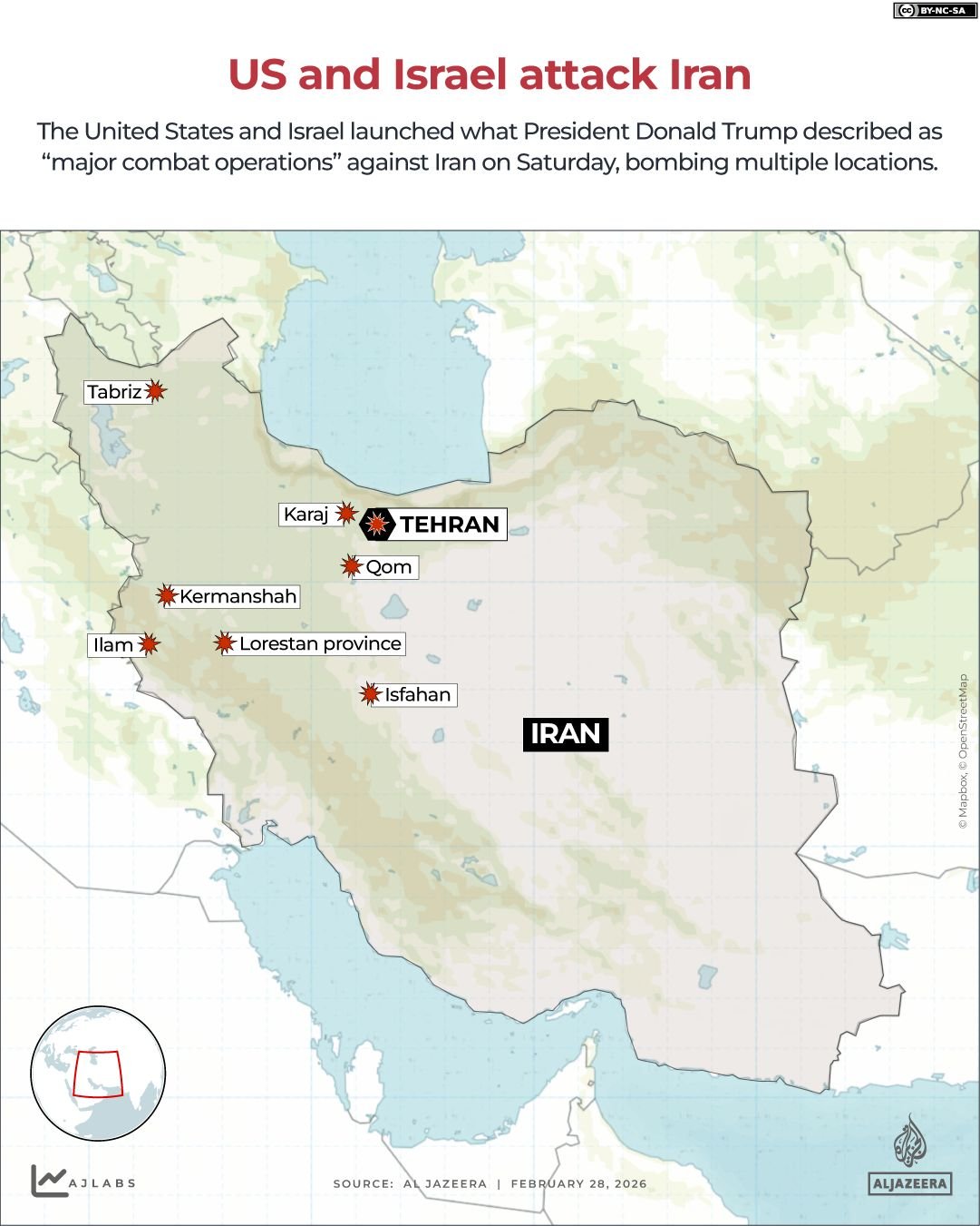 Карта Ирана с указанием мест ударов США и Израиля 28 февраля 2026 года