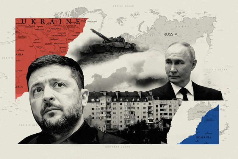 Photo collage showing Zelensky, Putin, tank, destroyed building with Ukraine and Romania maps