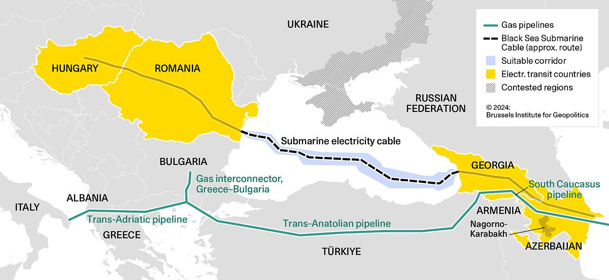 Карта маршрута подводного электрического кабеля через Чёрное море из Азербайджана через Грузию в Румынию и Венгрию, включая газопроводы
