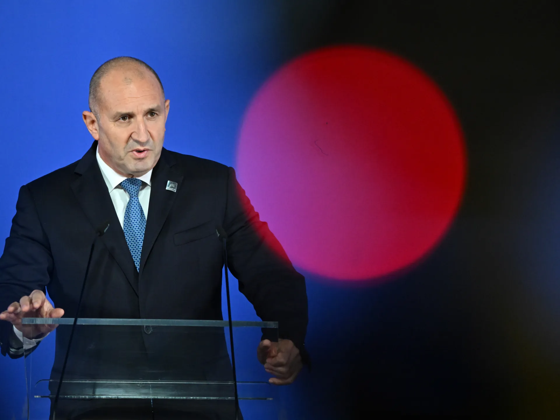 Bulgarian President Rumen Radev speaking at podium