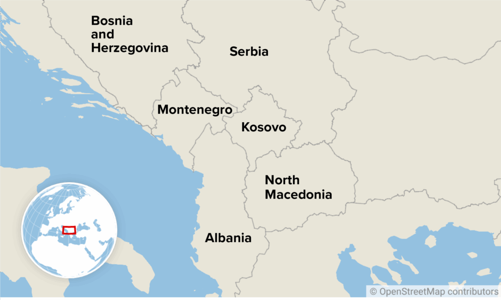 Карта Западных Балкан с изображением Косово, Сербии, Черногории, Северной Македонии, Албании и Боснии и Герцеговины