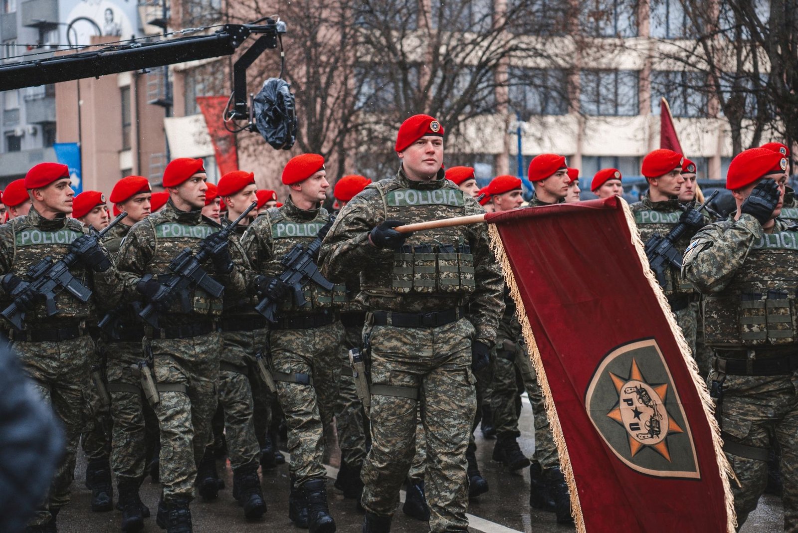 Kosovo Security Force police unit in parade formation with red berets