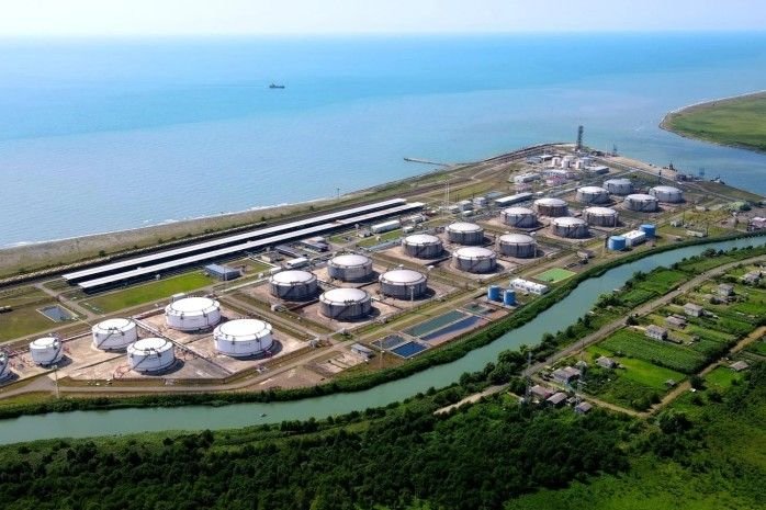 Aerial view of SOCAR Kulevi oil terminal on Georgia's Black Sea coast