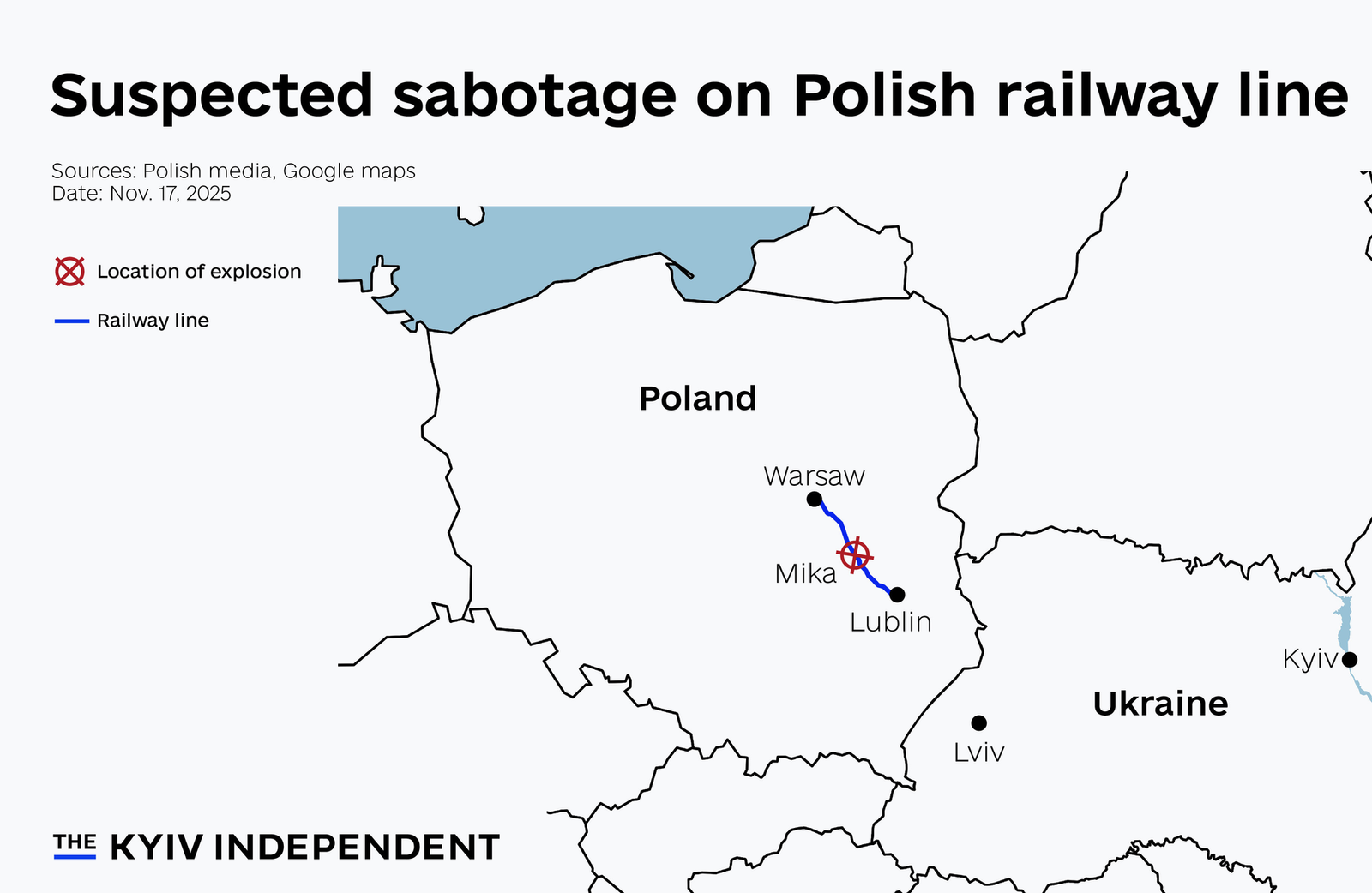 Map of Poland showing location of railway sabotage near Mika between Warsaw and Lublin
