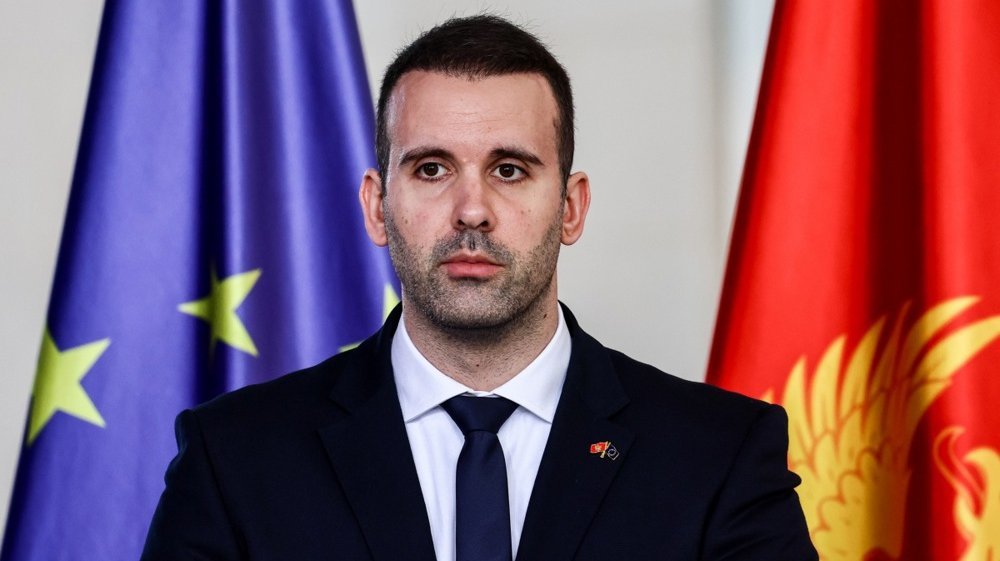 Официальный портрет премьер-министра Милойко Спайича с флагами ЕС и Черногории