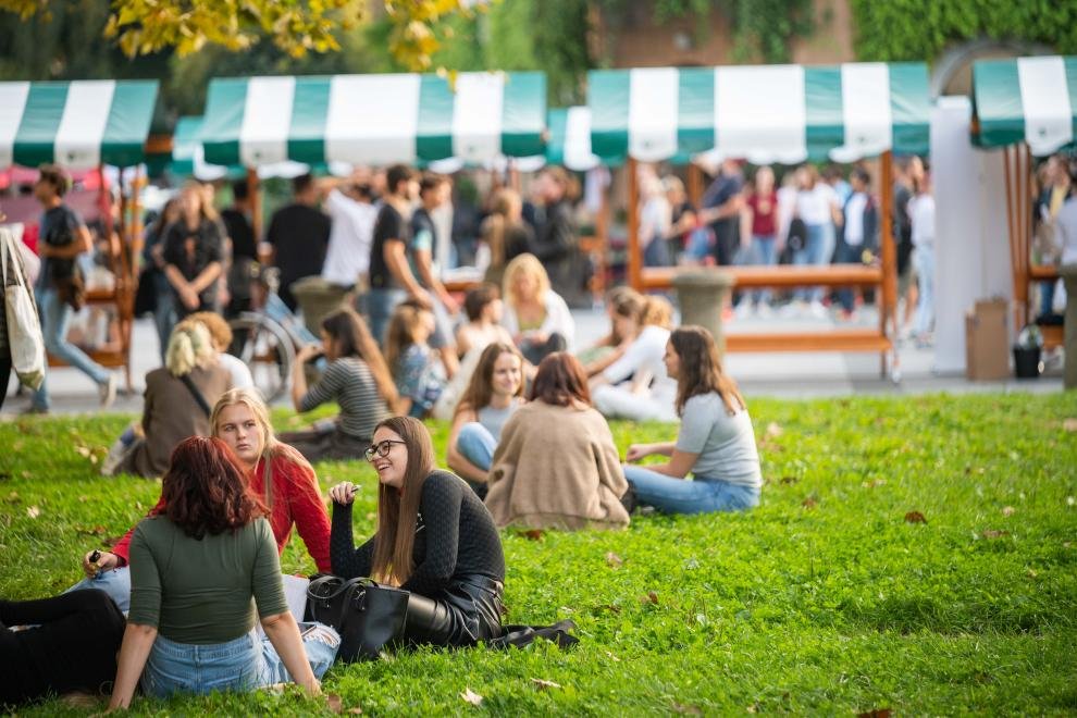 Young people socializing on grass at outdoor event