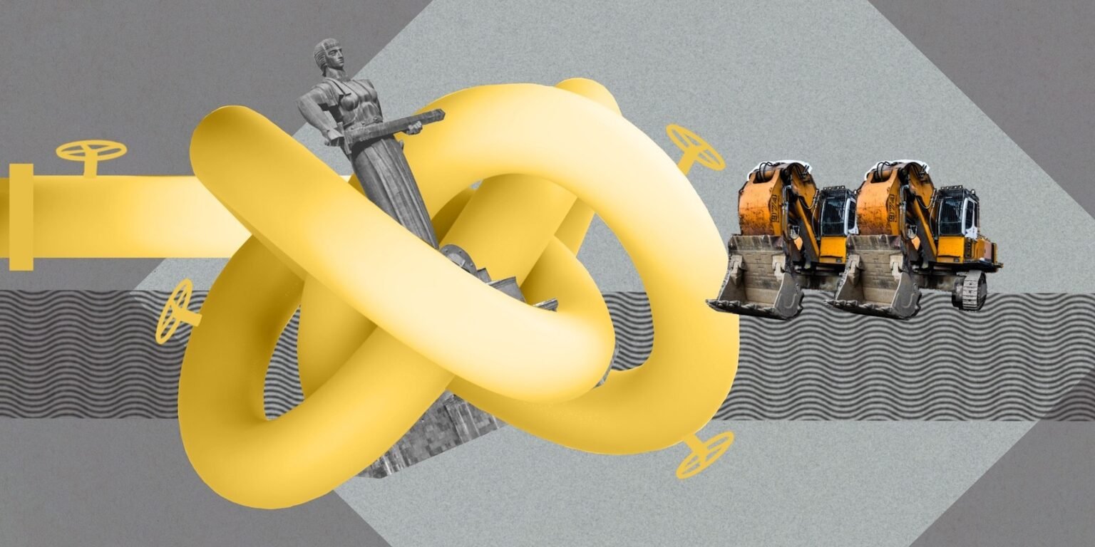 Иллюстрация: газопровод завязан узлом вокруг армянского монумента Мать-Армения, рядом стоят экскаваторы