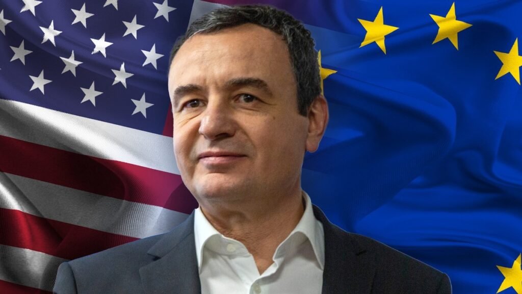 Премьер-министр Косово Альбин Курти на фоне флагов США и Евросоюза — символ двойного давления на Приштину в условиях нового кризиса