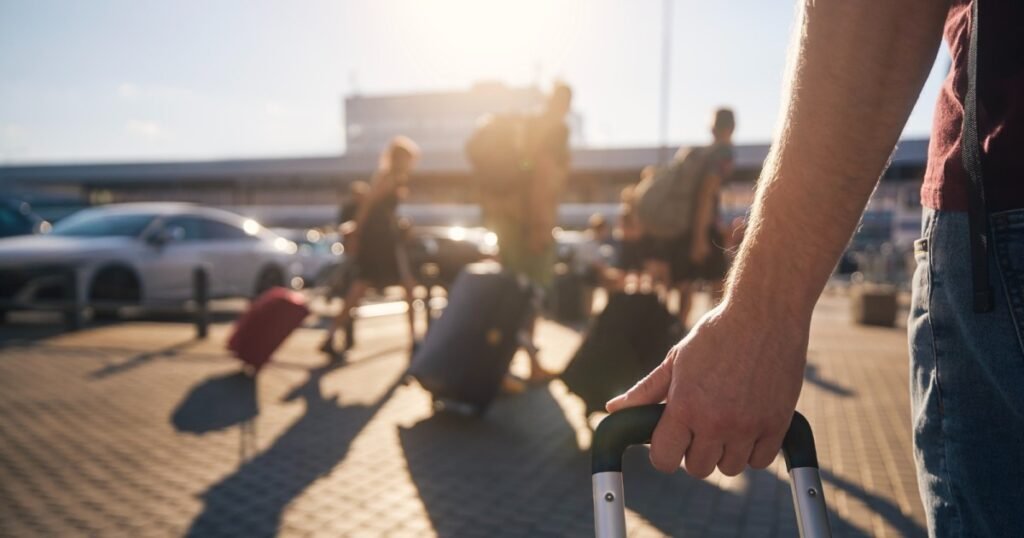 Обратный исход: румыны возвращаются, но тренд слабеет Путешественники с чемоданами у аэропорта на закате — всё больше румын принимают решение вернуться на родину