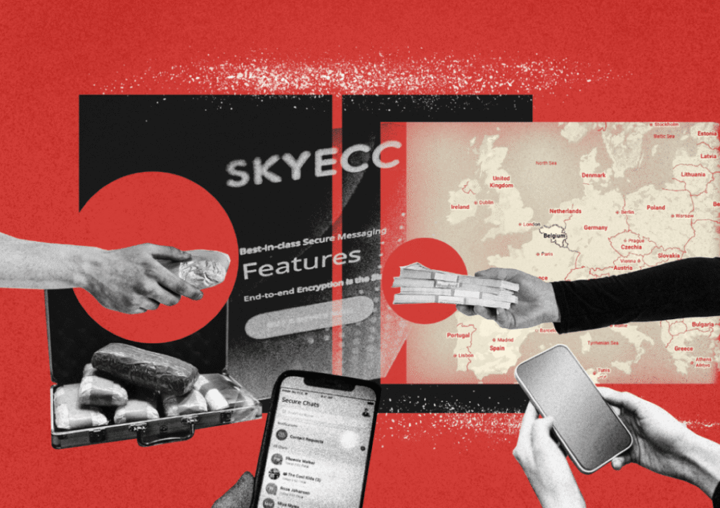 Албанская мафия: тихий подъём на вершину кокаинового рынка Европы Коллаж-иллюстрация к расследованию о кокаиновом рынке: зашифрованные телефоны SKY ECC, пакеты с наркотиками и карта европейских маршрутов