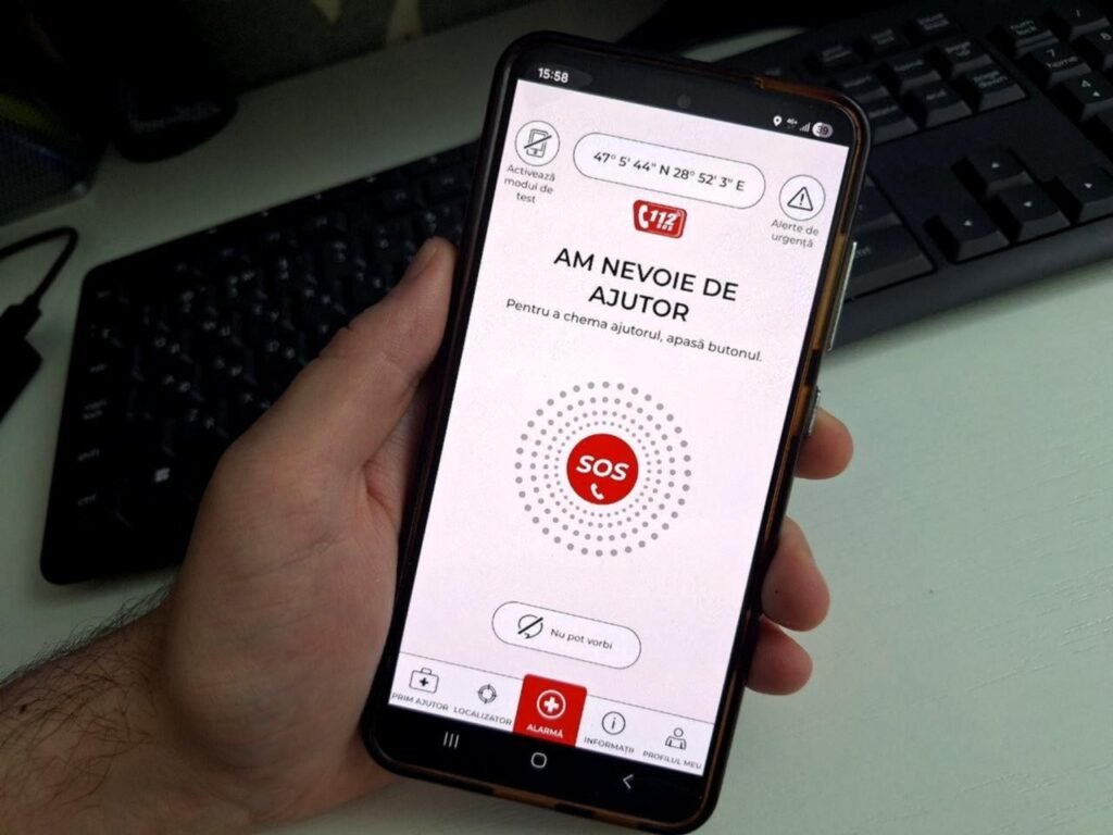 Мобильное приложение 112MD на экране смартфона — кнопка SOS для вызова экстренных служб в Молдове