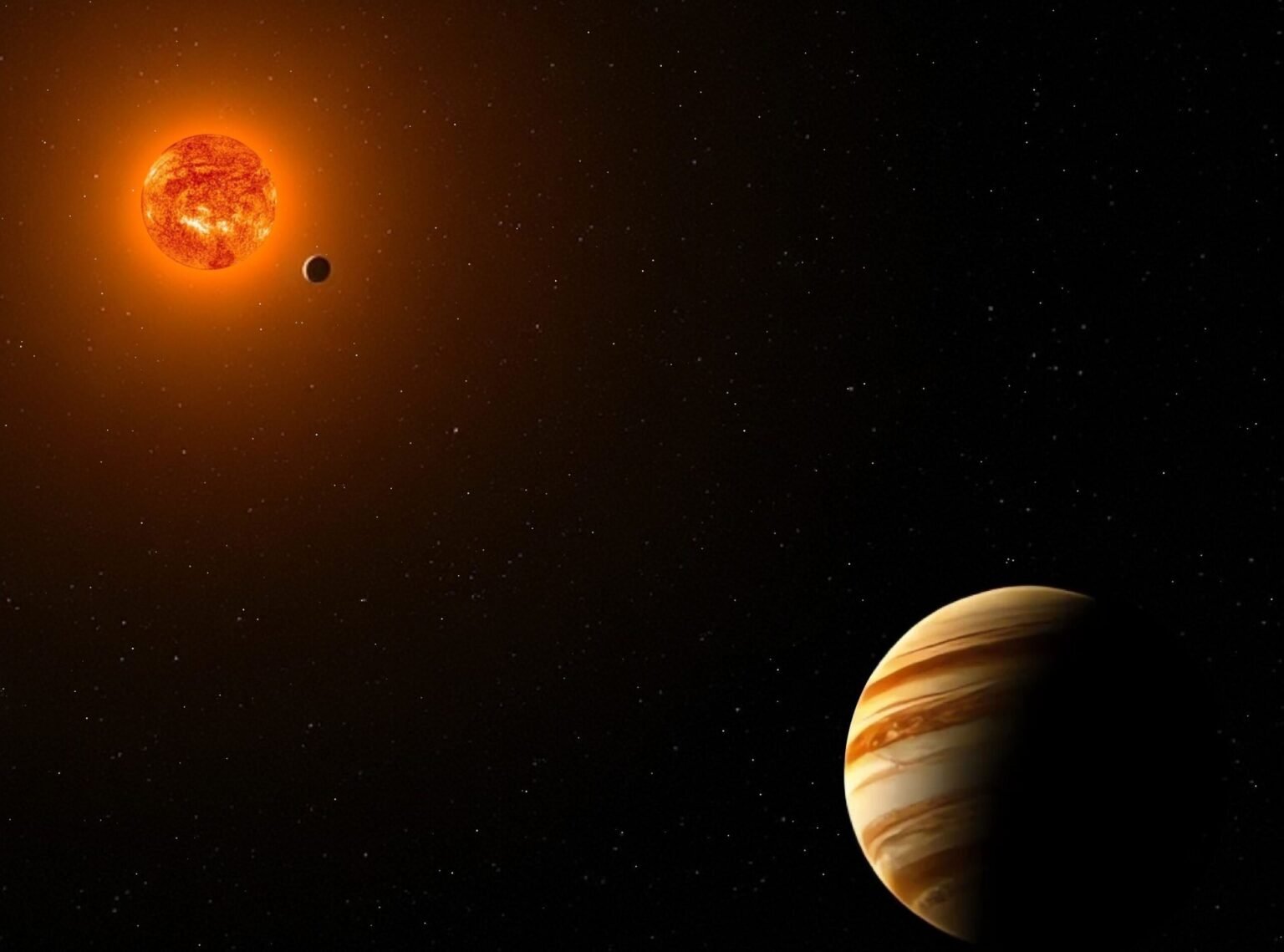 Художественная иллюстрация планетной системы GJ 1137 — красный карлик, суперземля GJ 1137 c и газовый гигант GJ 1137 b