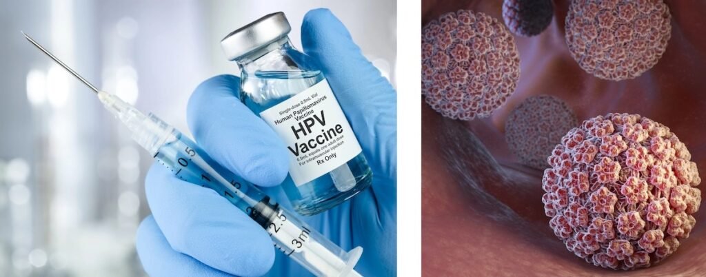 Флакон с вакциной против ВПЧ и шприц рядом с трёхмерной моделью вируса папилломы человека