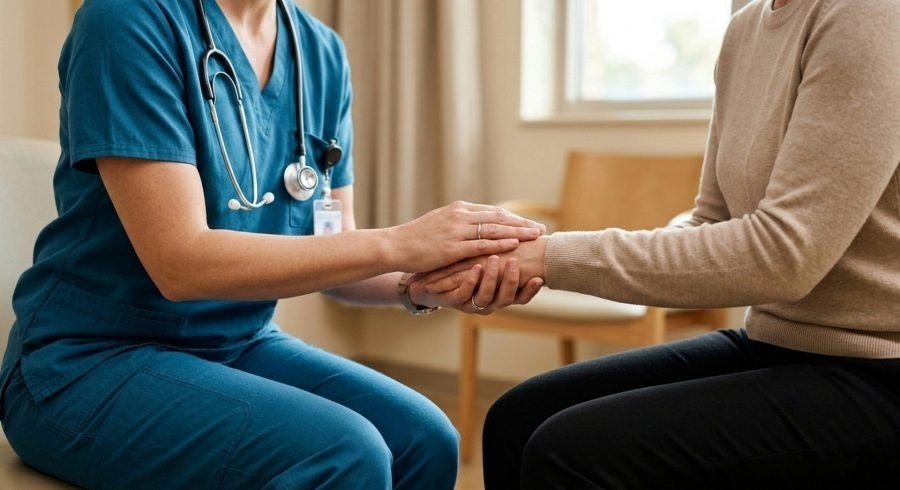 Суд в Болгарии защитил больницу от требований страховой кассы Медсестра держит за руки пациентку в больничной палате — забота о больных в системе здравоохранения Болгарии