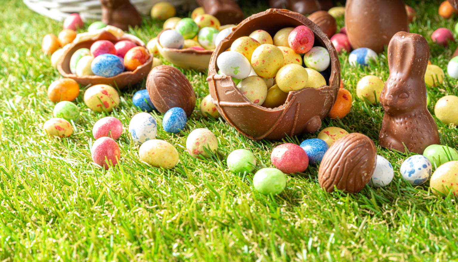 Пасхальные каникулы в Румынии: 11 дней для школьников Шоколадные пасхальные яйца и фигурки кроликов на зелёной траве в солнечный день